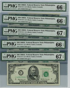 Fr. 2115-C $50 1969A 5 Consec. Federal Reserve Note 66-67 EPQ PMG dc-2481 - Picture 1 of 3