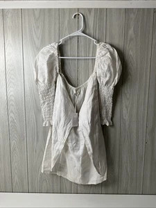 NWT Women's L Posse Dakota Mini Dress Size White Linen Tie Front Puff Shoulder - Picture 1 of 15