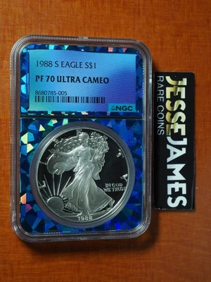 1988 S PROOF SILVER EAGLE NGC PF70 ULTRA CAMEO BLUE PRISM FOIL CORE - Image 1 of 2