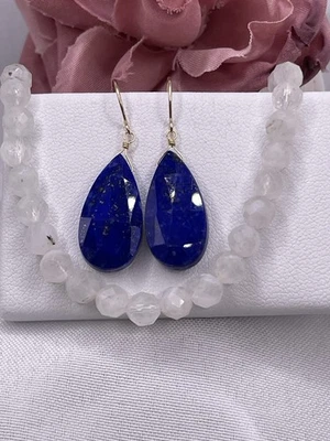 14K Solid Gold Lapis Lazuli Earrings Natural Briolette Dangle Handmade - Image 1 of 4