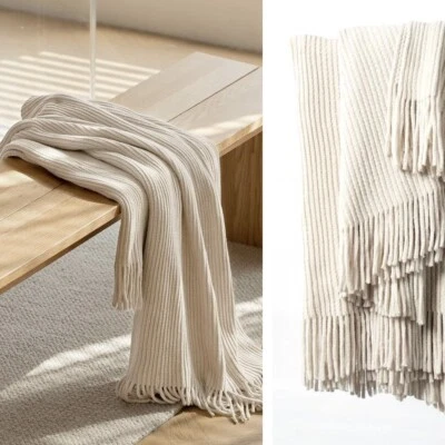 NEW West Elm Boho Cream Ivory Tassel Chenille Knit Throw Blanket - 50" x 60" - Image 1 of 4