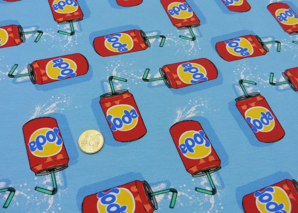 Pop Hullabaloo Hilco blau Sommersweatstoff Kinderstoff Getränkedosen 25 cm - Bild 1 von 1