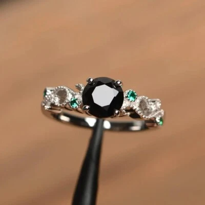 2 Ct Round Cut Black Lab Created Solitaire Engagement Ring 14K White Gold Finish - Image 1 of 4