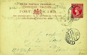 TRINIDAD 1900 1d QV UPU POSTAL CARD FROM PORT OF SPAIN TO LONDON GB