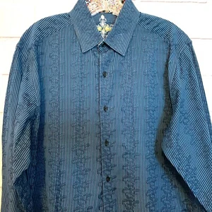 Robert Graham Blue Paisley Striped Button Down Shirt Flip Cuff Men's Large - Picture 1 of 12