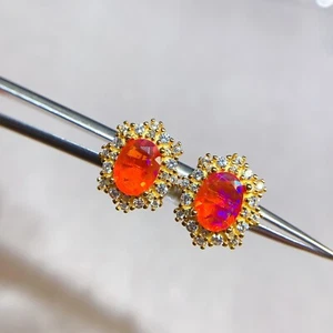 Mexican Orange Opal Silver Stud Earrings, Dainty Fire Opal Earrings, Silver Stud - Picture 1 of 4