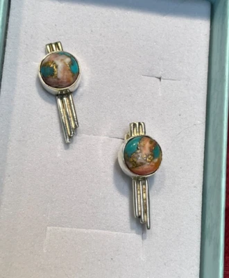 Brincos postes de cobre vintage modernos de prata esterlina 925 feitos à mão turquesa ostra - Imagem 1 de 4