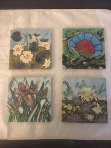 Lot of 4 Assorted Flower Hand Painted Tiles - Picture 1 of 3