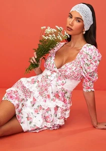 Mini Vestido For Love & Lemons Rosalyn Blanco Rosa Floral Coqueta Talla XS NUEVO CON ETIQUETAS - Imagen 1 de 12