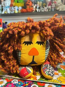 Vintage Patchwork Plush Lion Stuffed Animal Toy 1970s Yarn Hair & Tail, Quilt - Picture 1 of 5