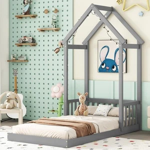 Twin Size Floor Bed for Kids, Montessori House Bed Frame with House Shape Roo... - Picture 1 of 7