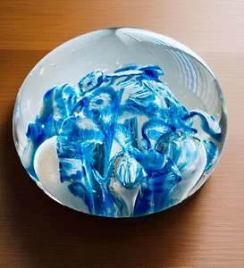 Art Glass Paperweight Blue White Controlled Bubbled Canes Flower Blown - Picture 1 of 8