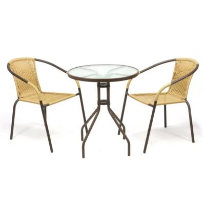 Bistroset Balkonset beige Sitzgarnitur aus Glastisch + Bistrostuhl Poly-Rattan - Bild 1 von 4