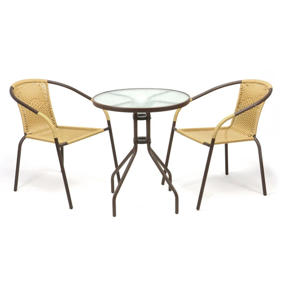 Bistroset Balkonset beige Sitzgarnitur aus Glastisch + Bistrostuhl Poly-Rattan - Bild 1 von 4