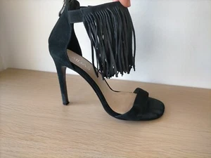 Midas 'Carla' Size 40/ 9 Black Leather High Heel Stilettos Fringe Ankle Strap - Picture 1 of 16