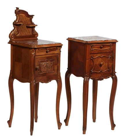 Near Pair of Louis XV Style Carved Walnut Marble Top Nightstands, late 19th c Cover
