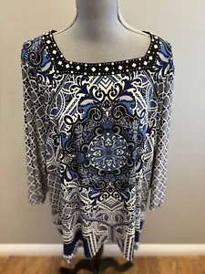 Blusa para mujer Alfred Dunner talla 2X azul negra con cuentas cuello cuadrado ajuste elástico - Imagen 1 de 6