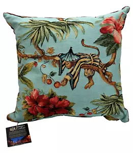Hines of Oxford ASIAN MONKEY Blue Tapestry Decorative Feather Pillow 18x18 - Picture 1 of 6