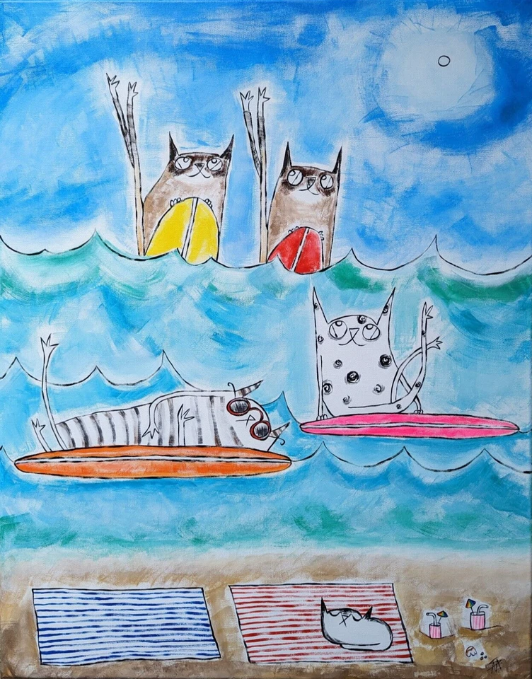 Pintura de gato siamés original surfista playa arte popular abstracto por Samantha McLean Foto 1 de 1
