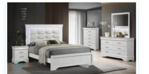 6Pc White Finish Queen Size Bedroom Set Built in Lighting HB Upholstered Bed - Picture 1 of 1