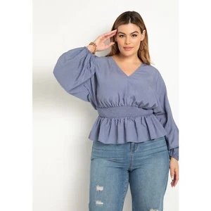 Nueva Blusa Eloquii Mujer Talla 16 Cintura Ajustada Azul Abullonada Manga Larga Nueva con Etiquetas - Imagen 1 de 10