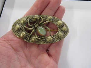 Arts & Crafts Brass Hobnail Spider Brooch w/ Synthetic Jelly Opal (3" x 1.5") - Picture 1 of 6