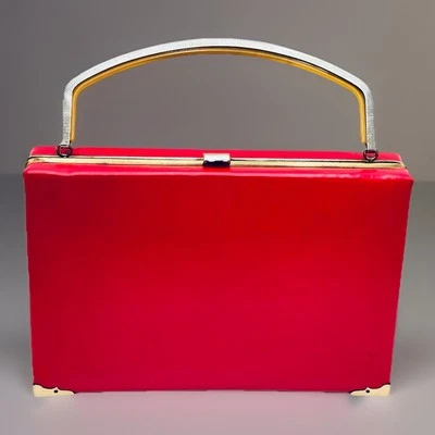 VTG Cherry Red Vinyl Gold Kiss Lock Hard Side Box Purse Handbag Pinup Retro - Image 1 of 4