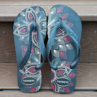 Chanclas Havaianas Delgadas Negras Rojas Doradas Flirales Paisley Talla EE. UU. 7-8 Funciones Pequeñas Foto 1 de 4