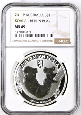 2011 Australia $1 Dollar Koala Berlin Bear Privy Silver Coin NGC MS69 - Image 1 of 4