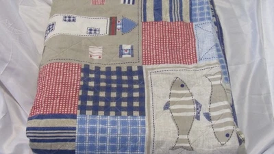 Vintage Nautucal Quilt Lighthouse And Fish Quilt Bed Spread Home Decor Blanket - Image 1 of 4