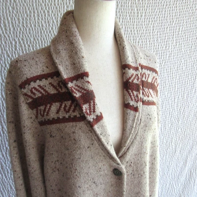 Woolrich Wool Cardigan Womens M Shawl Collar Beige Rust Brown Graphic Shawl Coll - Image 1 of 4