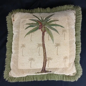 2 Cuscini Vintage Palma Ciniglia Tropicale Decorativi Lancio Marrone, Frangia Verde 17" - Foto 1 di 17