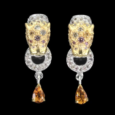925 Sterling Silver Earrings Citrine Rhodolite Sapphire Tiger Gemstone Jewelry - Image 1 of 4