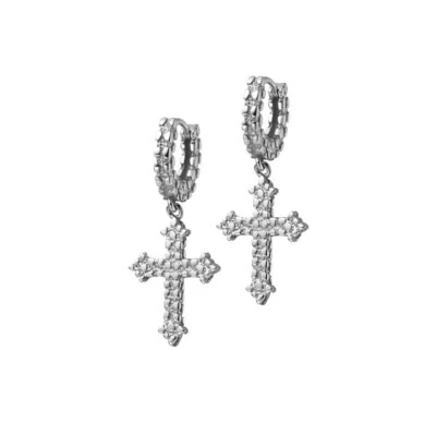 Sterling Silver 925 Nugget Hoop Earrings Dangling Cross White Gold Plated - Image 1 of 4