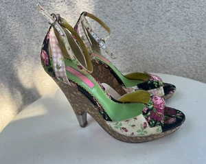 Vtg Betsey Johnson Shoes Sandal Wedge Platform Cork Floral Fabric 6M - Picture 1 of 18