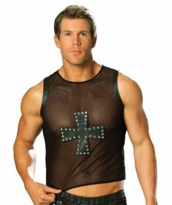 Studded Mesh Tank Top Leather Trim Cross Nail Heads Studs Sleeveless Black L9284 - Image 1 of 2