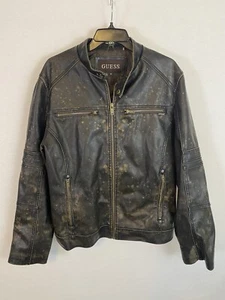Guess Mens Medium Faux Leather Jacket Dark Brown Motorcycle Coat Acid Wash EUC - Picture 1 of 6