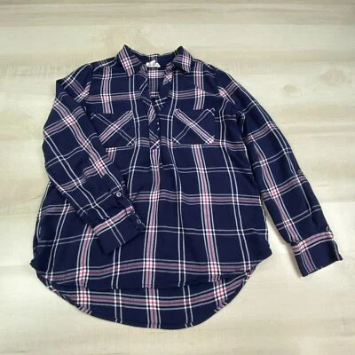 Camisa de franela suave Joie para mujer XS azul rosa a cuadros manga larga con lengüeta enrollable Foto 1 de 4