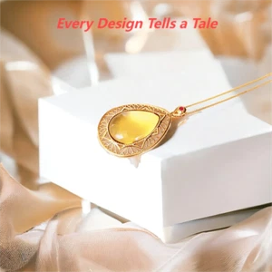 Blue amber necklace pendant teardrop,  18K solid gold, Power stone, Birth stone - Picture 1 of 15