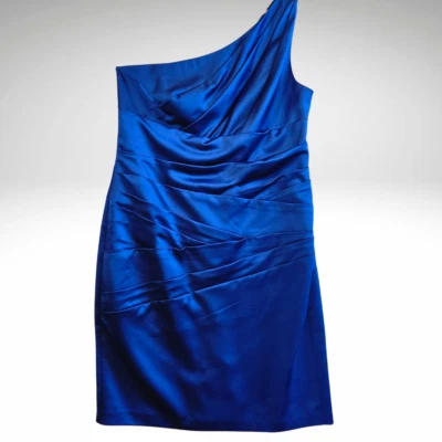 Vestido de novia David's satinado con un hombro fruncido talla 14 noche glamour femenino Foto 1 de 4