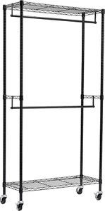 Adjustable, Double Hanging Rod Garment Rolling Closet Organizer Rack with Wheels - Picture 1 of 12