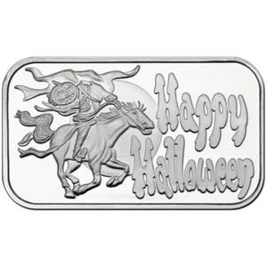 Happy Halloween Headless Horseman Pumpkin 1 Oz 999 Fine Silver Art Bar - Picture 1 of 2