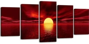 Red Sun Canvas Prints Wall Art Ocean Sea Beach Pictures Paintings Ready to Hang - Picture 1 of 8