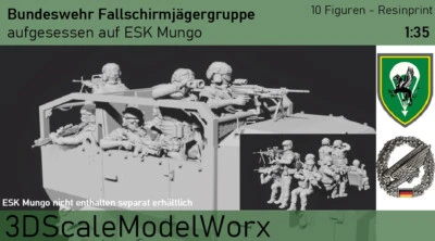 3DSCALEMODELWORX Bundeswehr Fallschirmjäger Gruppe aufgessen auf Mungo 1:35 IdZ (ES) 10 Figuren