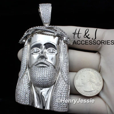 MEN 14K WHITE GOLD PLATED BLING CZ OVERSIZE 3D SILVER JESUS FACE PENDANT*ABP4 - Image 1 of 4