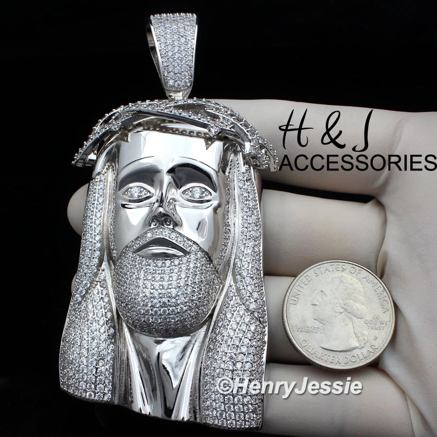 COLGANTE CARA JESÚS PLATA 3D GRAN TAMAÑO BLING CZ CHAPADO EN ORO BLANCO 14K PARA HOMBRE*ABP4 Foto 1 de 4