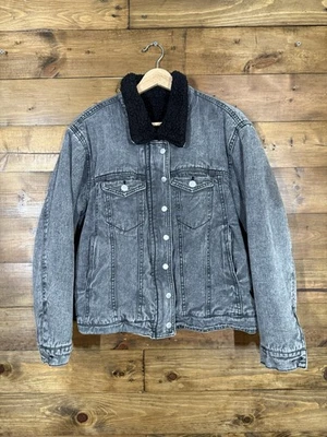 Black Denim Sherpa Lined Trucker Jacket  M/L - Image 1 of 4