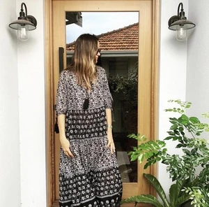 Daughters Of India Dress Size M Deepa Black Maxi Floral Tiered Flowy Floaty RARE - Picture 1 of 16