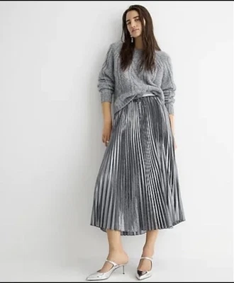NUEVO CON ETIQUETAS J.Crew Falda Midi Plisada Plateada Lamé Talla 6 Foto 1 de 4