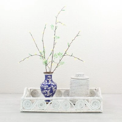 New Swirly Rectangle Rattan Tray with Handles-Whitewash-15.5" - Image 1 of 3